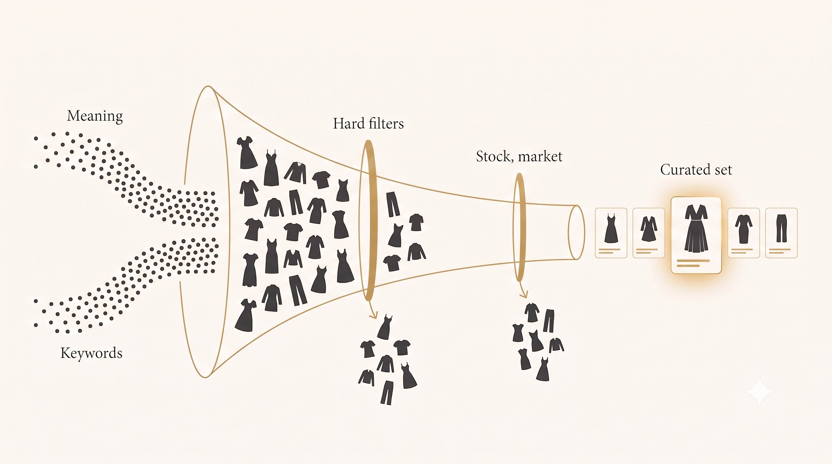 Funnel diagram showing how an AI shopping agent narrows recommendations: a wide candidate pool from parallel semantic and keyword retrieval, cut by hard filters, then by stock and market-price checks, ending in a handful of products.