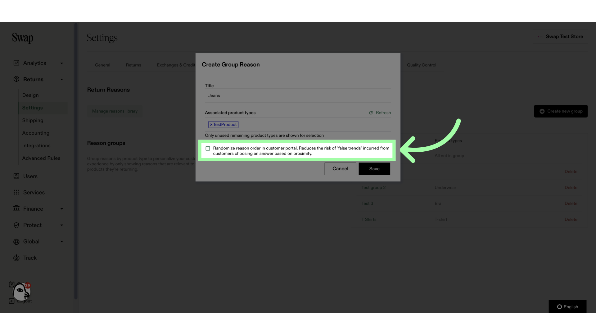 Enable this to randomise the order of return reasons for this group