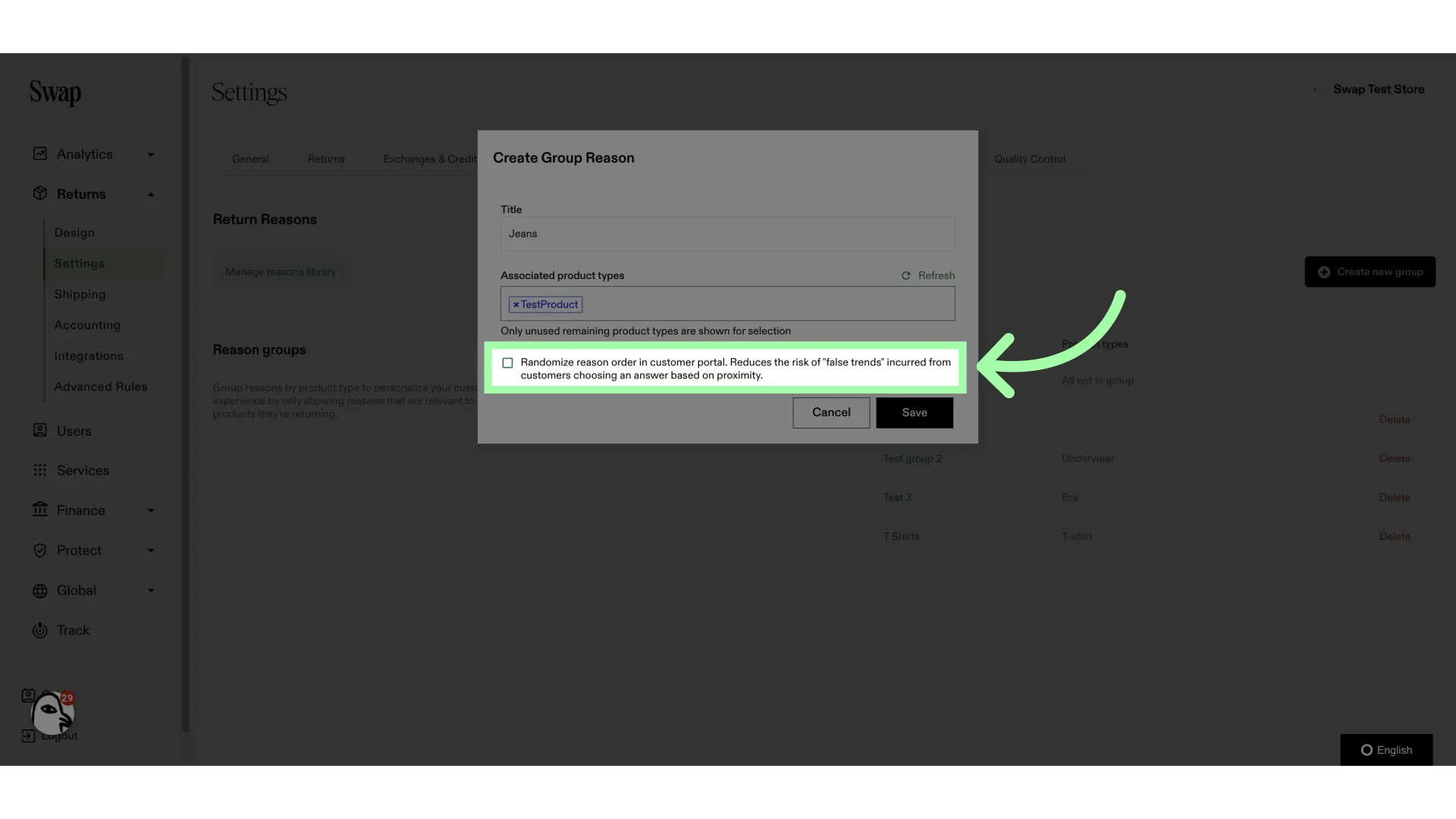 Enable this to randomise the order of return reasons for this group