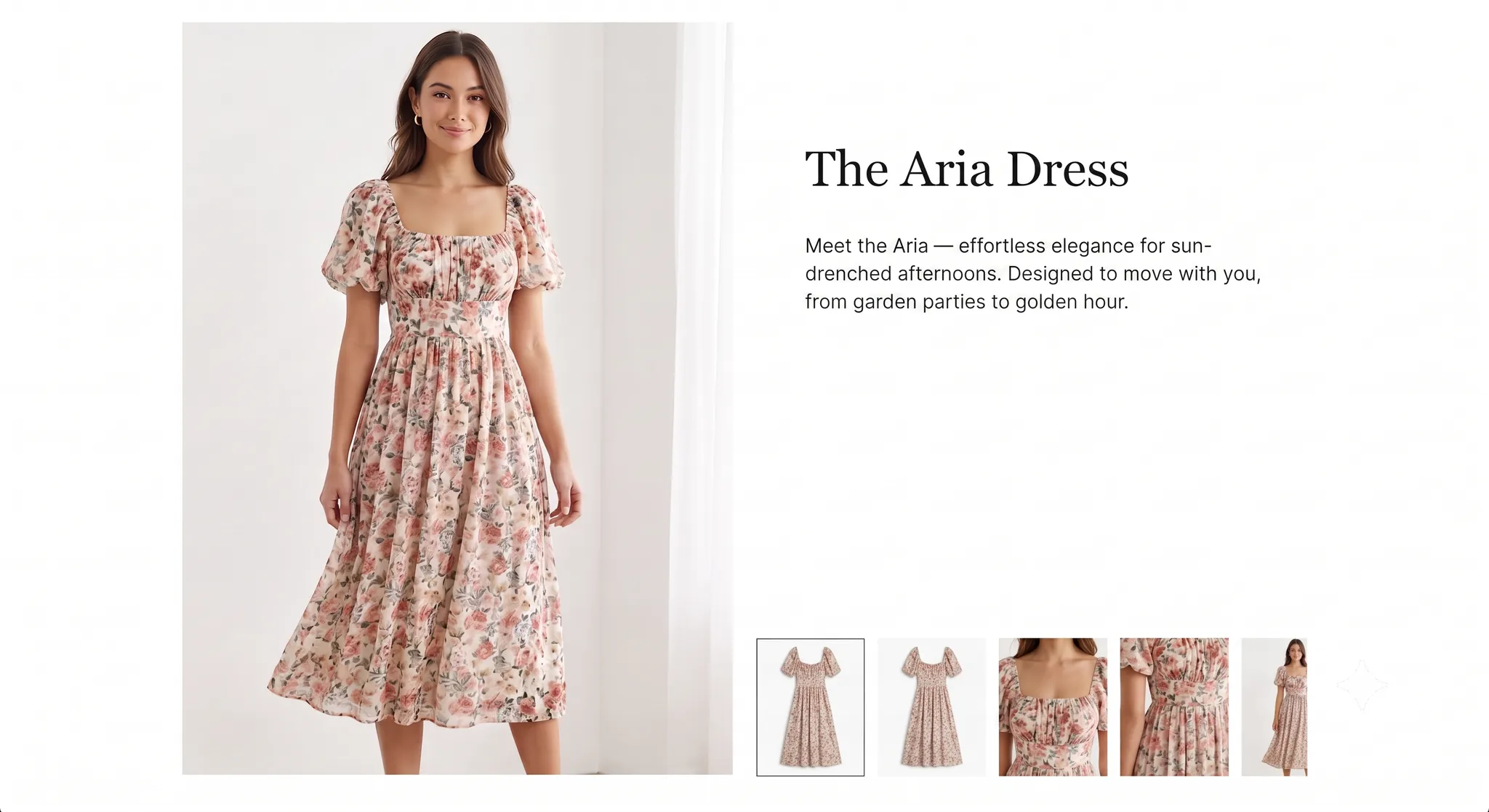 E-commerce product listing for "The Aria Dress" with product photos, a brand-story description, and inconsistent tags - none of the visual attributes appear in the text.