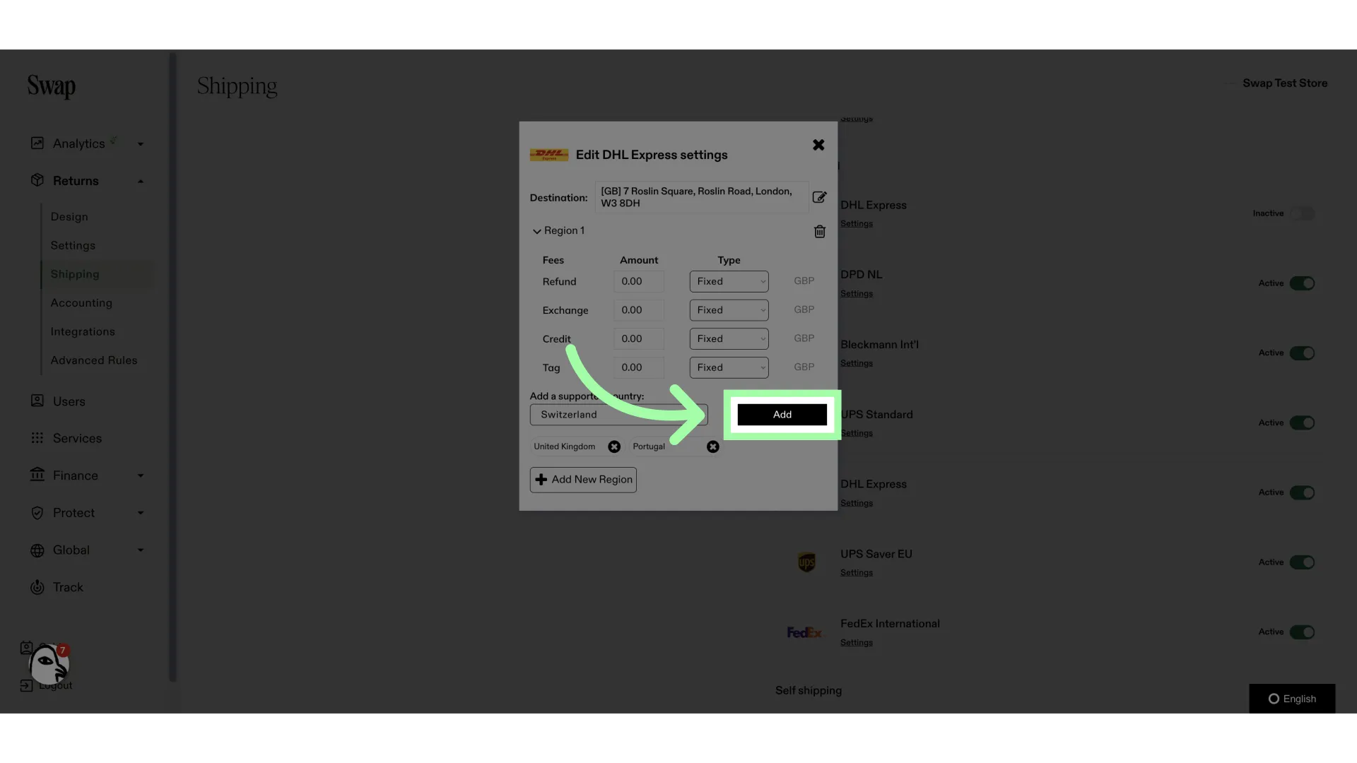 After selecting a country, click 'Add'. Repeat this process as necessary
