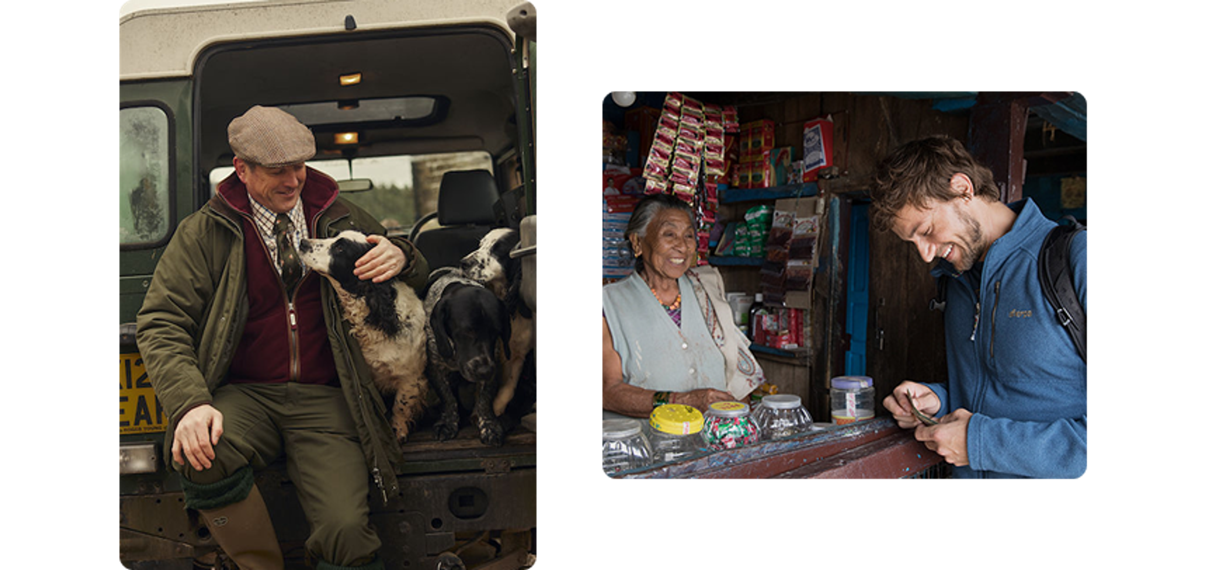 Side by side image of man with dog and man at a stand laughing with woman