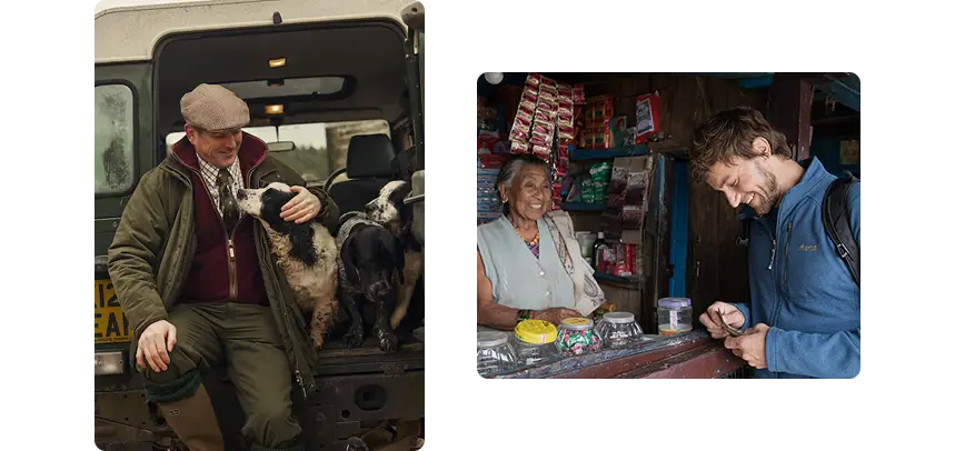 Side by side image of man with dog and man at a stand laughing with woman