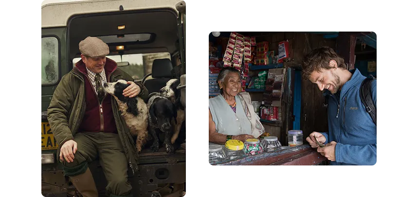 Side by side image of man with dog and man at a stand laughing with woman