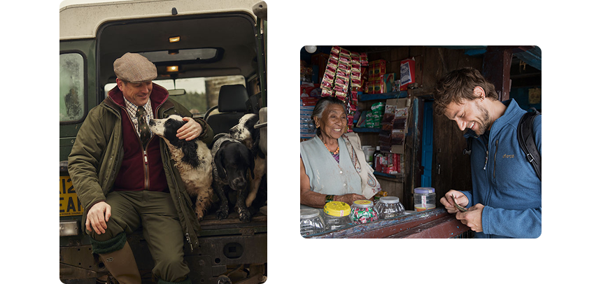 Side by side image of man with dog and man at a stand laughing with woman