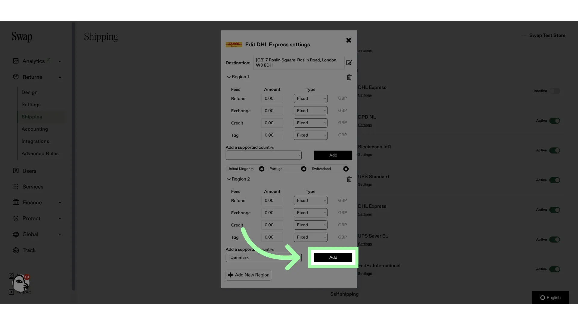 After selecting a country, click 'Add'. Repeat this process as necessary