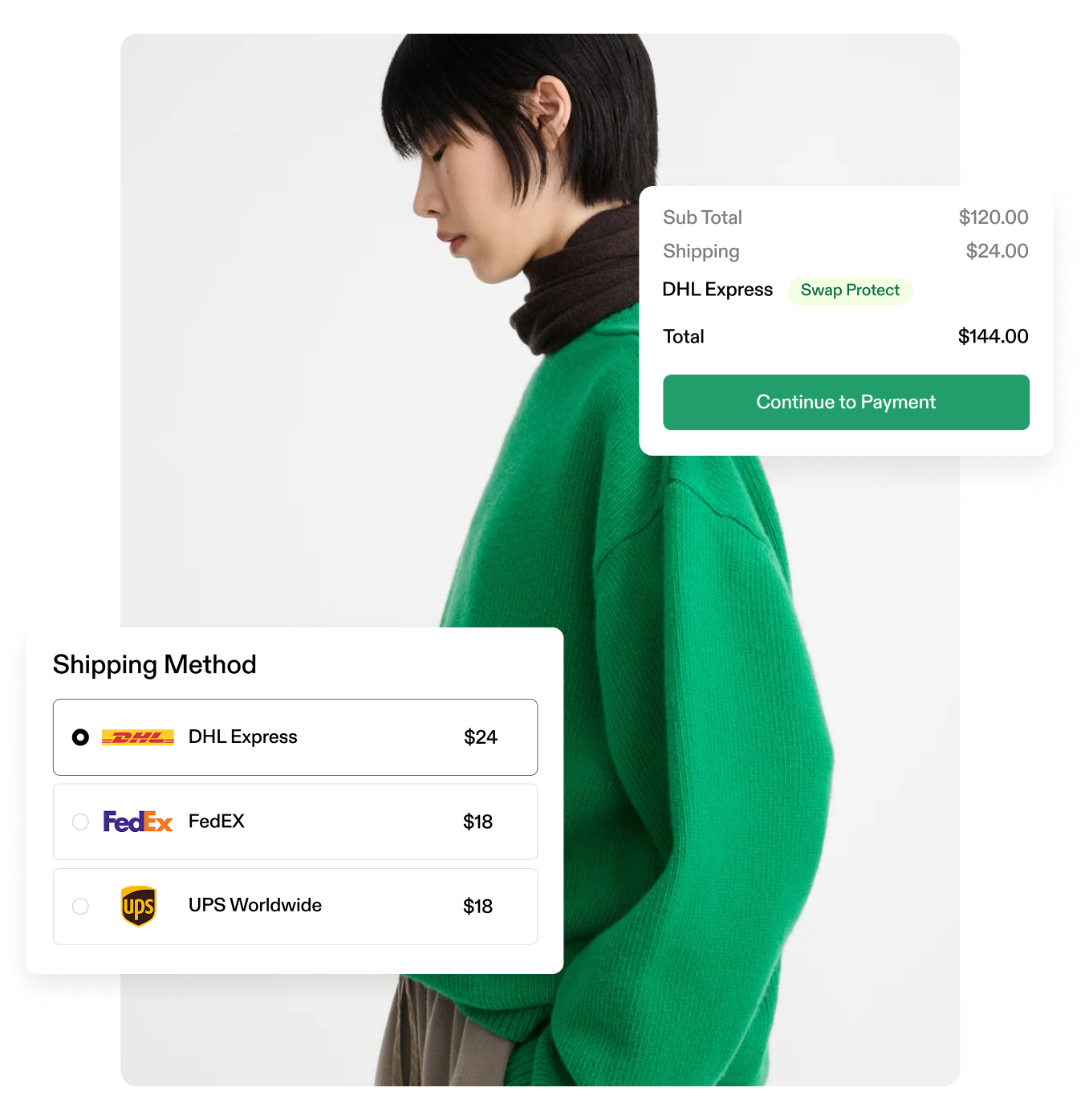 Model with green sweater and Shipping UI overlay