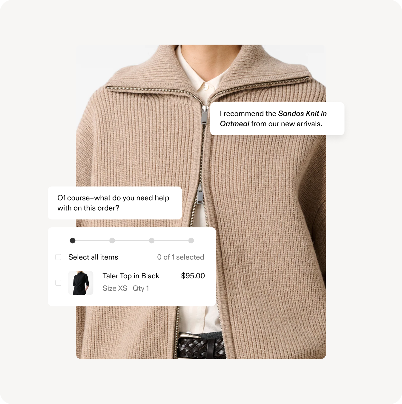 AI customer service agent recommending a product and helping with an order