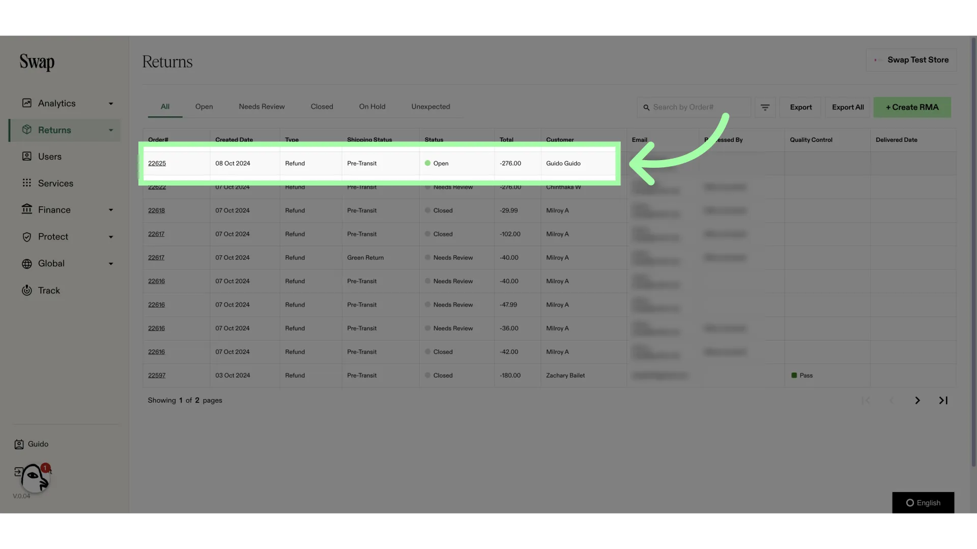 Look for the correct order number in the list and click on the return to open it