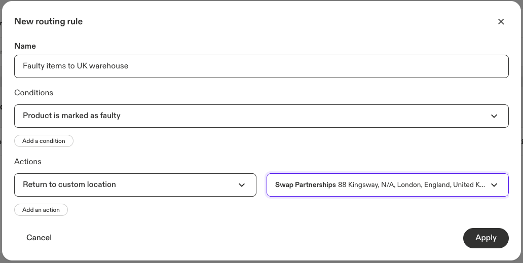 New routing rule with the Product is marked as faulty condition and the Return to custom location action pointing to a return address.
