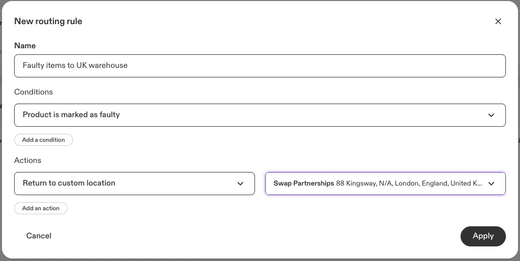 New routing rule with the Product is marked as faulty condition and the Return to custom location action pointing to a return address.