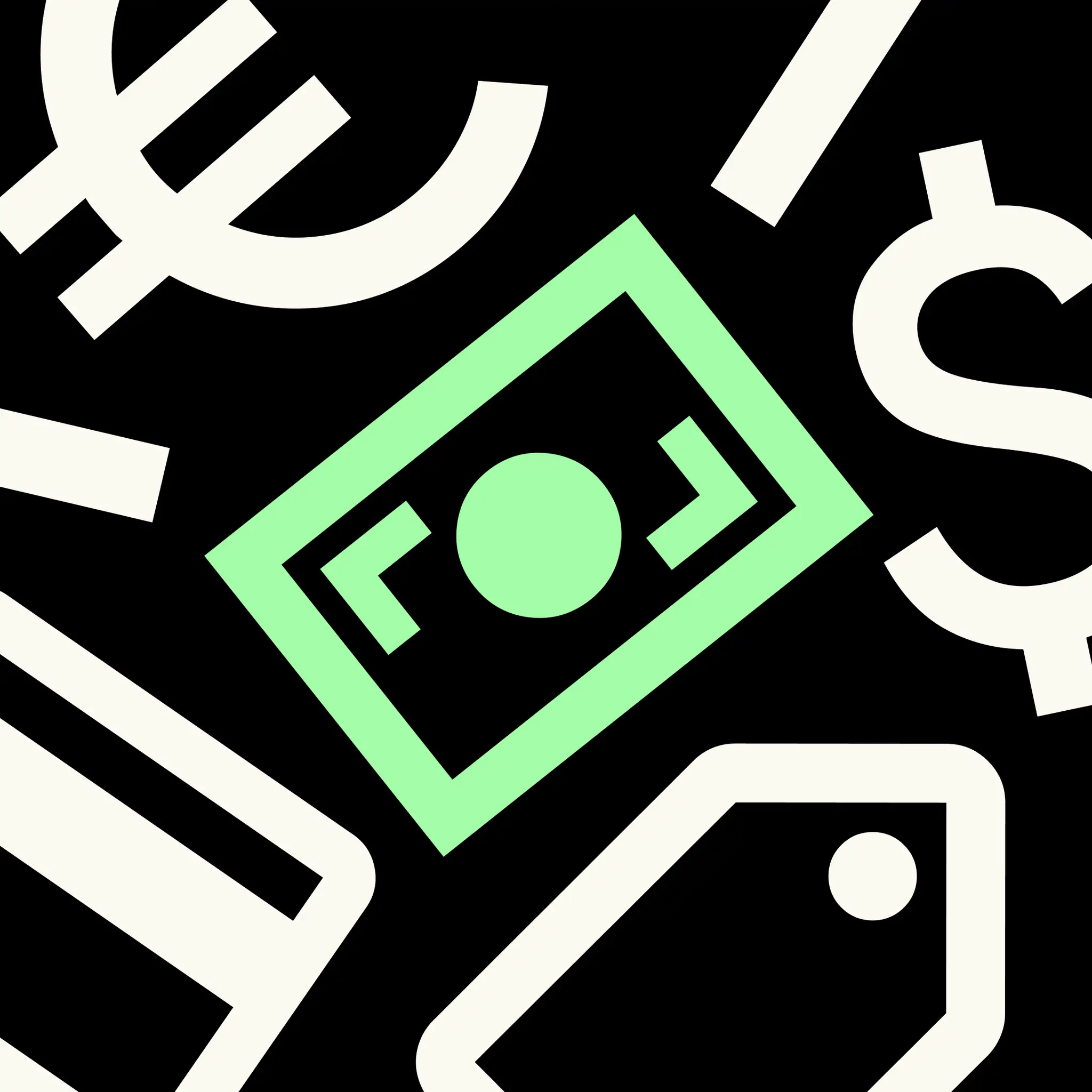 Graphic currency and price-tag symbols surrounding a green banknote on a black background.