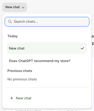The chat title menu in Swap Discovery, showing Search chats, today’s conversations, Previous chats and a New chat option