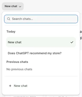 The chat title menu in Swap Discovery, showing Search chats, today’s conversations, Previous chats and a New chat option