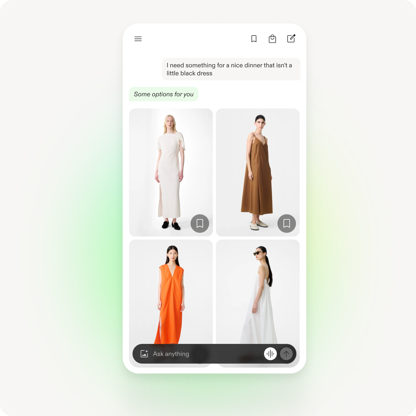 UI showing conversation of dress options to choose from