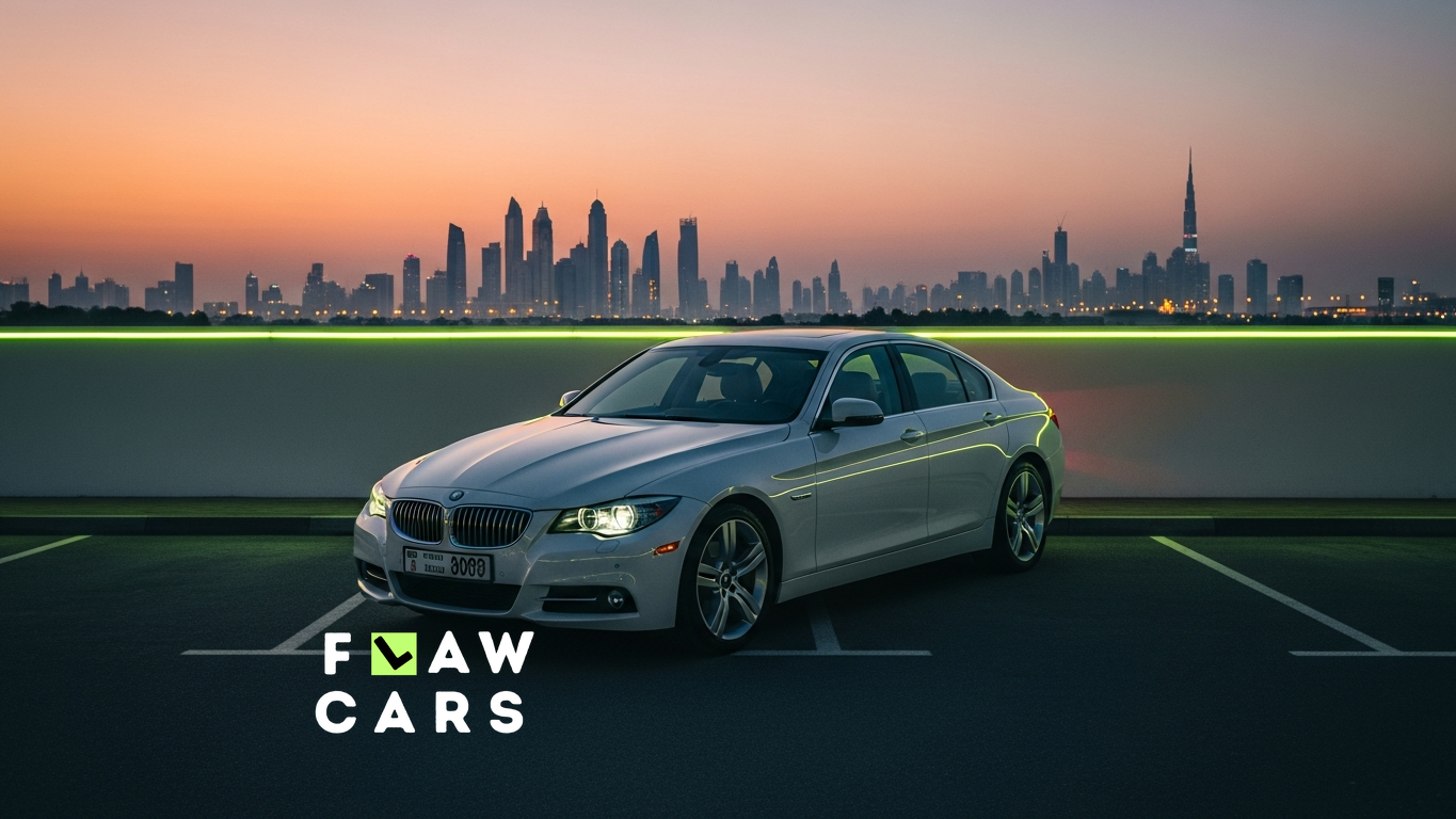 A premium used car parked on a clean lot at dusk with the Dubai skyline in the distance, the calm moment a freshly imported car arrives, in the Flaw Cars brand style.