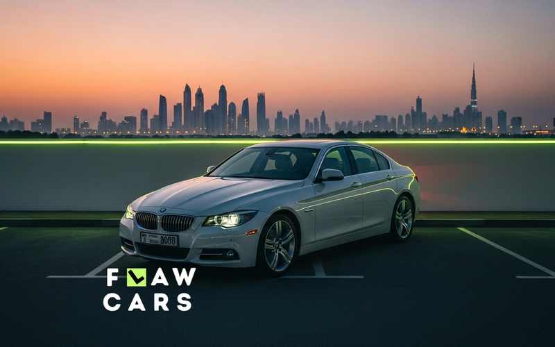 A premium used car parked on a clean lot at dusk with the Dubai skyline in the distance, the calm moment a freshly imported car arrives, in the Flaw Cars brand style.