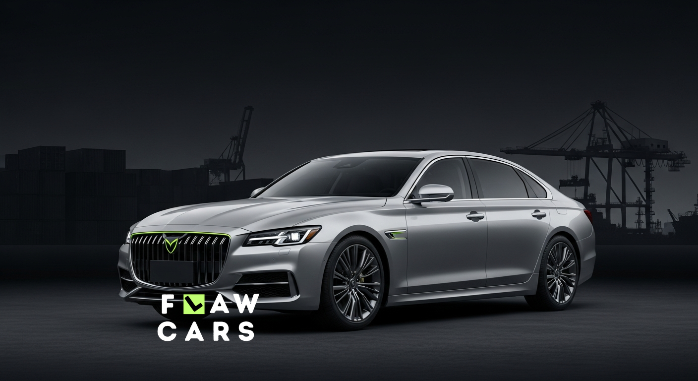 A silver executive sedan arriving by sea, in the Flaw Cars brand style.