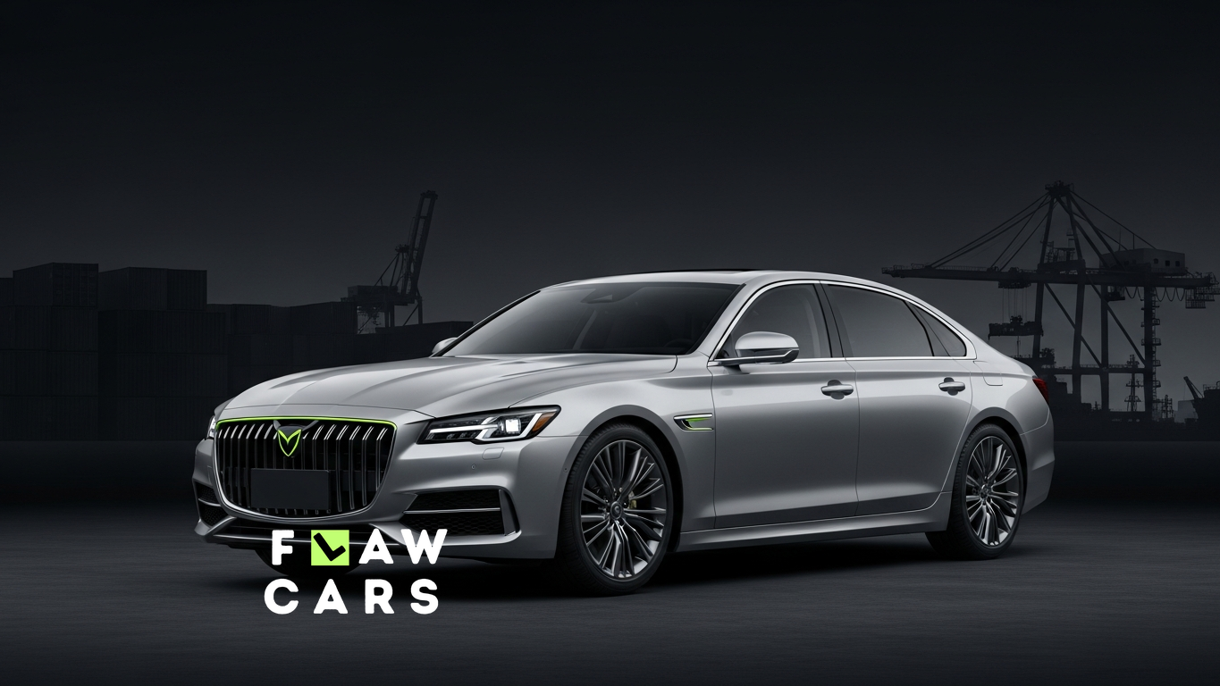 A silver executive sedan arriving by sea, in the Flaw Cars brand style.