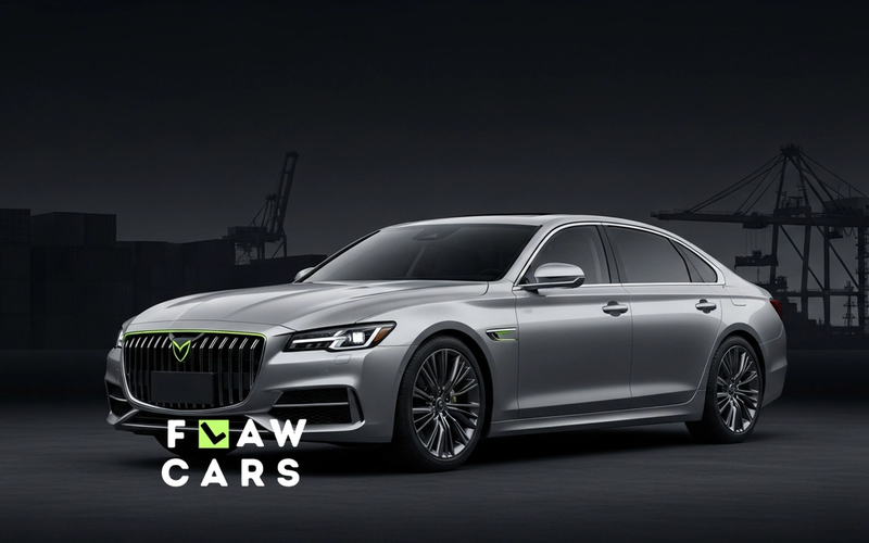 A silver executive sedan arriving by sea, in the Flaw Cars brand style.