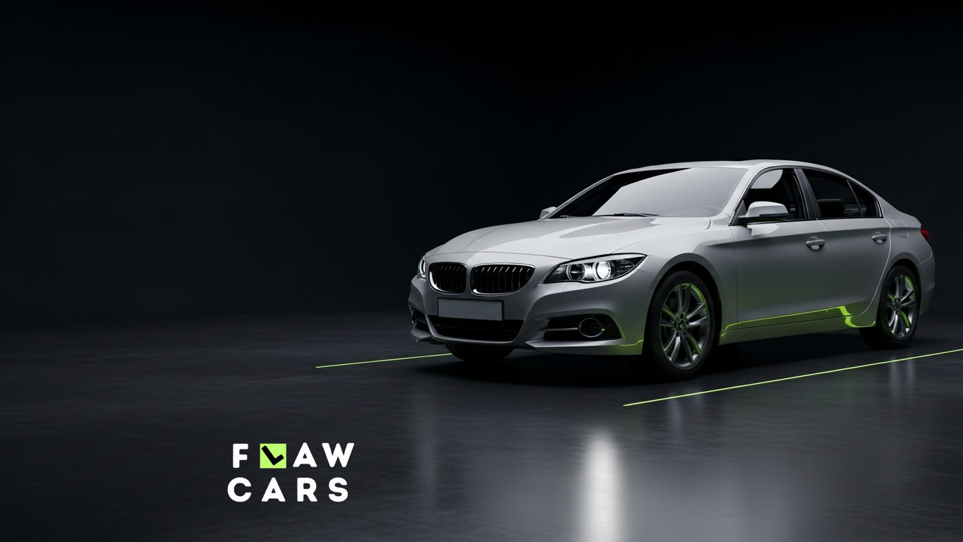 A silver sedan in a dark studio lit by a lime-green accent line, in the Flaw Cars brand colour.