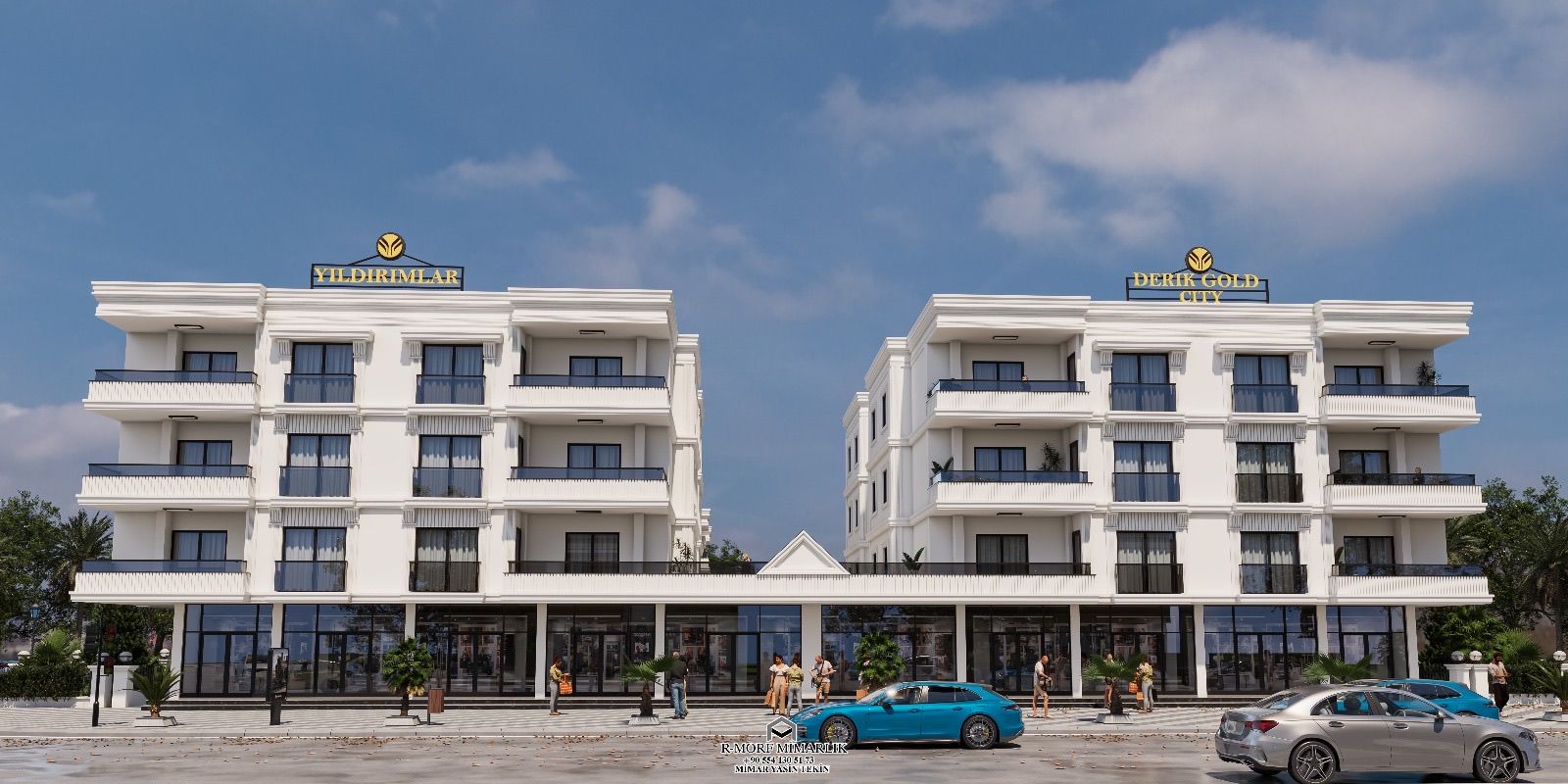 DERİKGOLD CITY bloklarının cadde cephesinden mimari görselleştirmesi