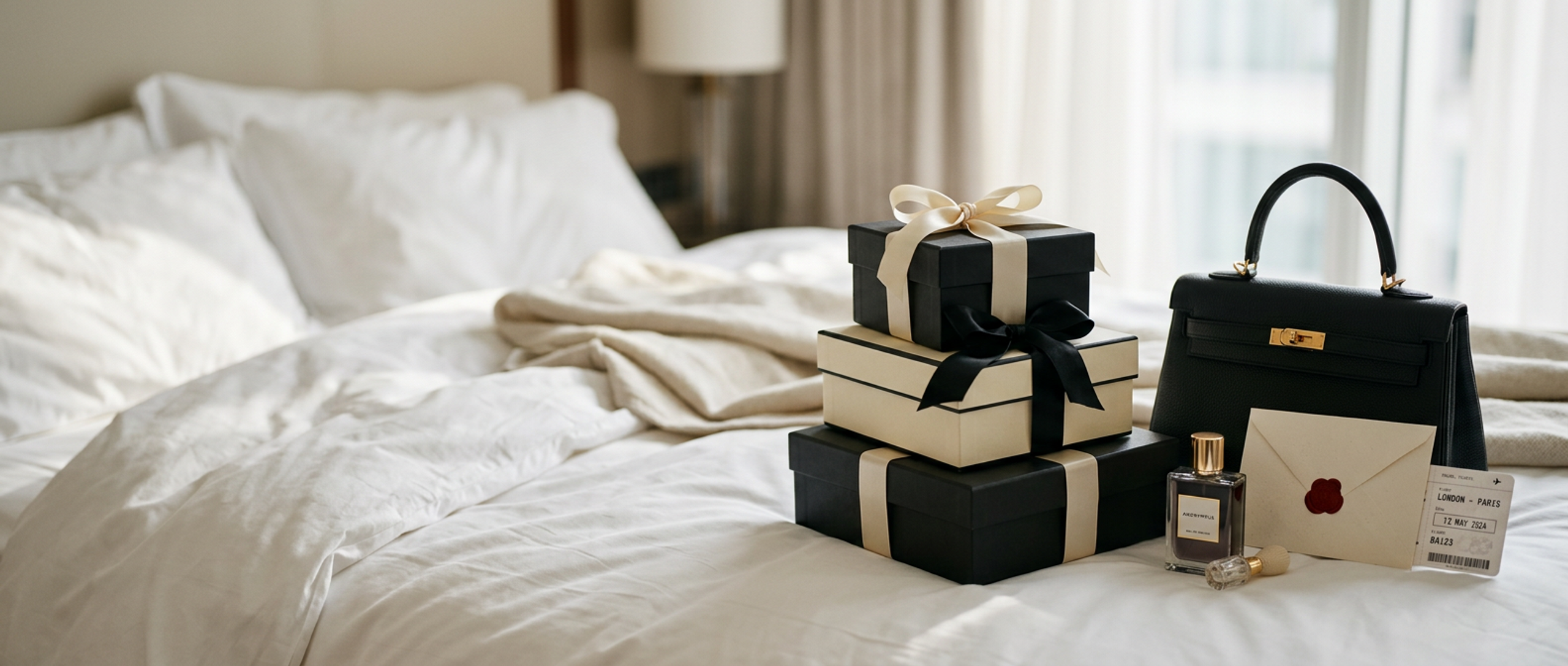 Black and cream gift boxes with a leather handbag and perfume on white hotel linen