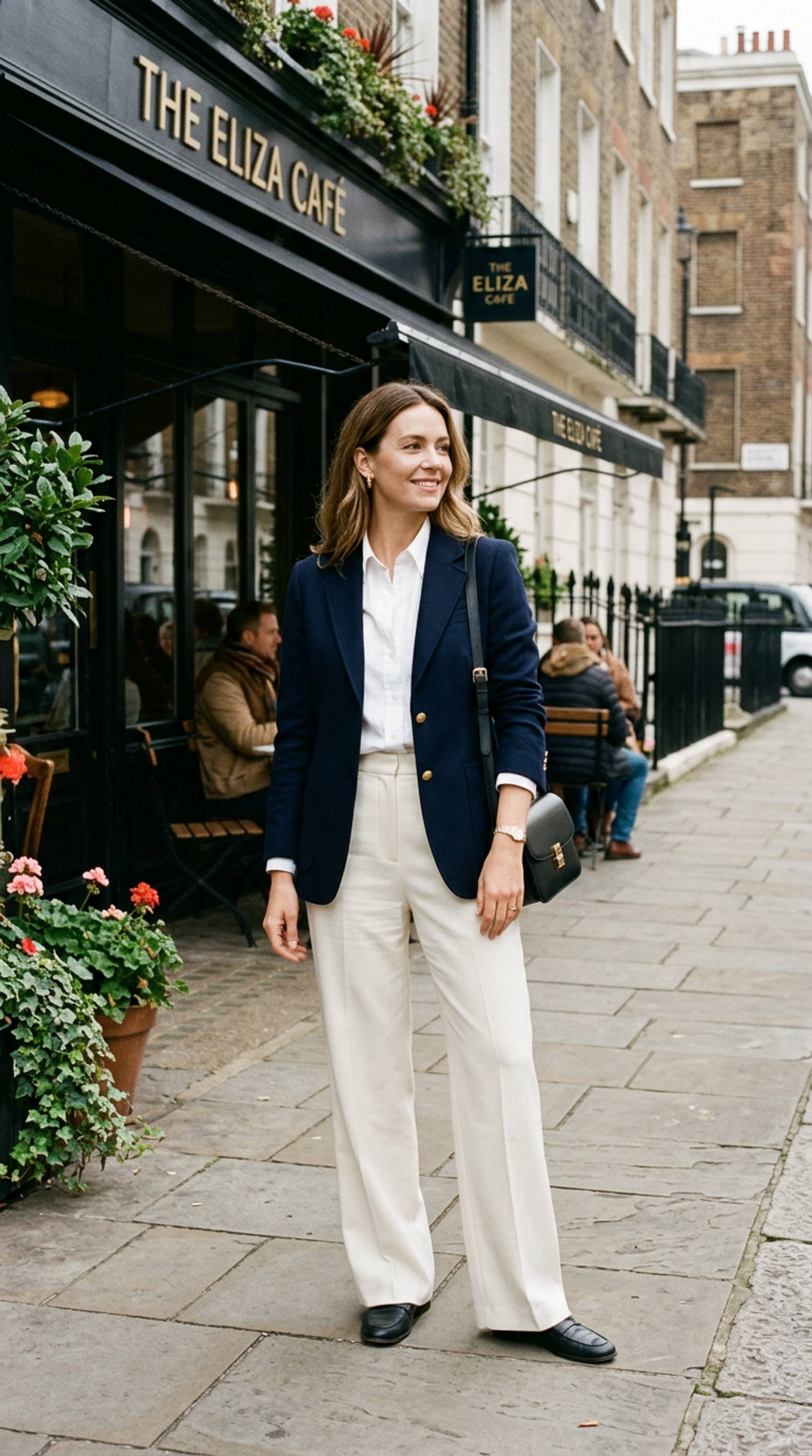 Woman in a tailored neutral outfit with a structured bag walking past high street shop windows