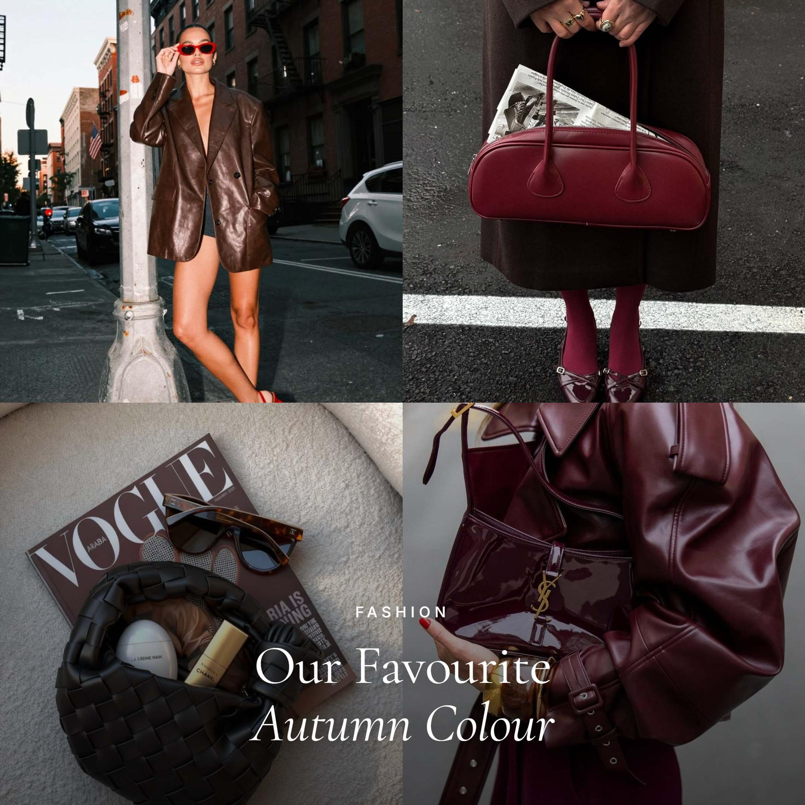Burgundy and brown autumn looks with leather bags