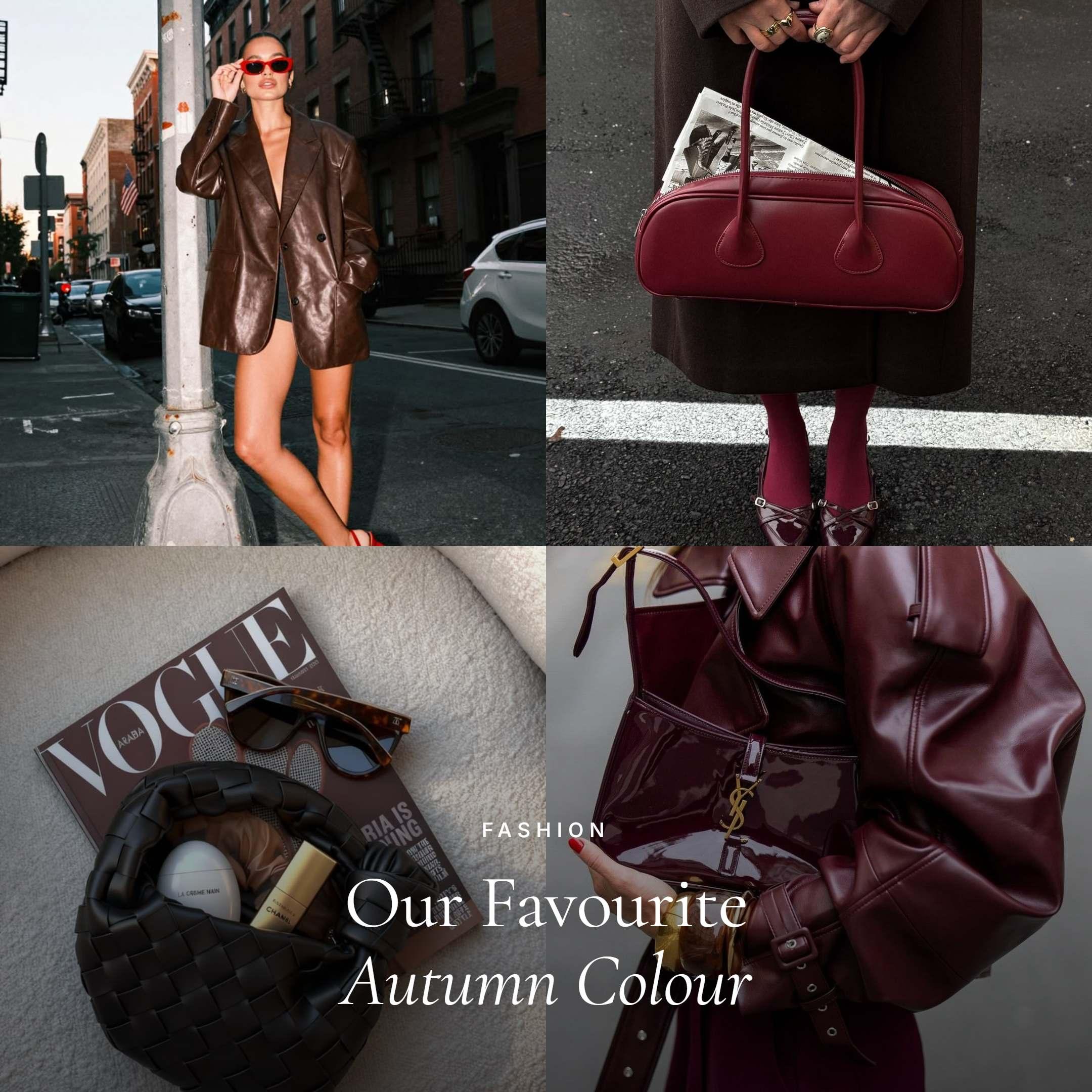 Burgundy and brown autumn looks with leather bags