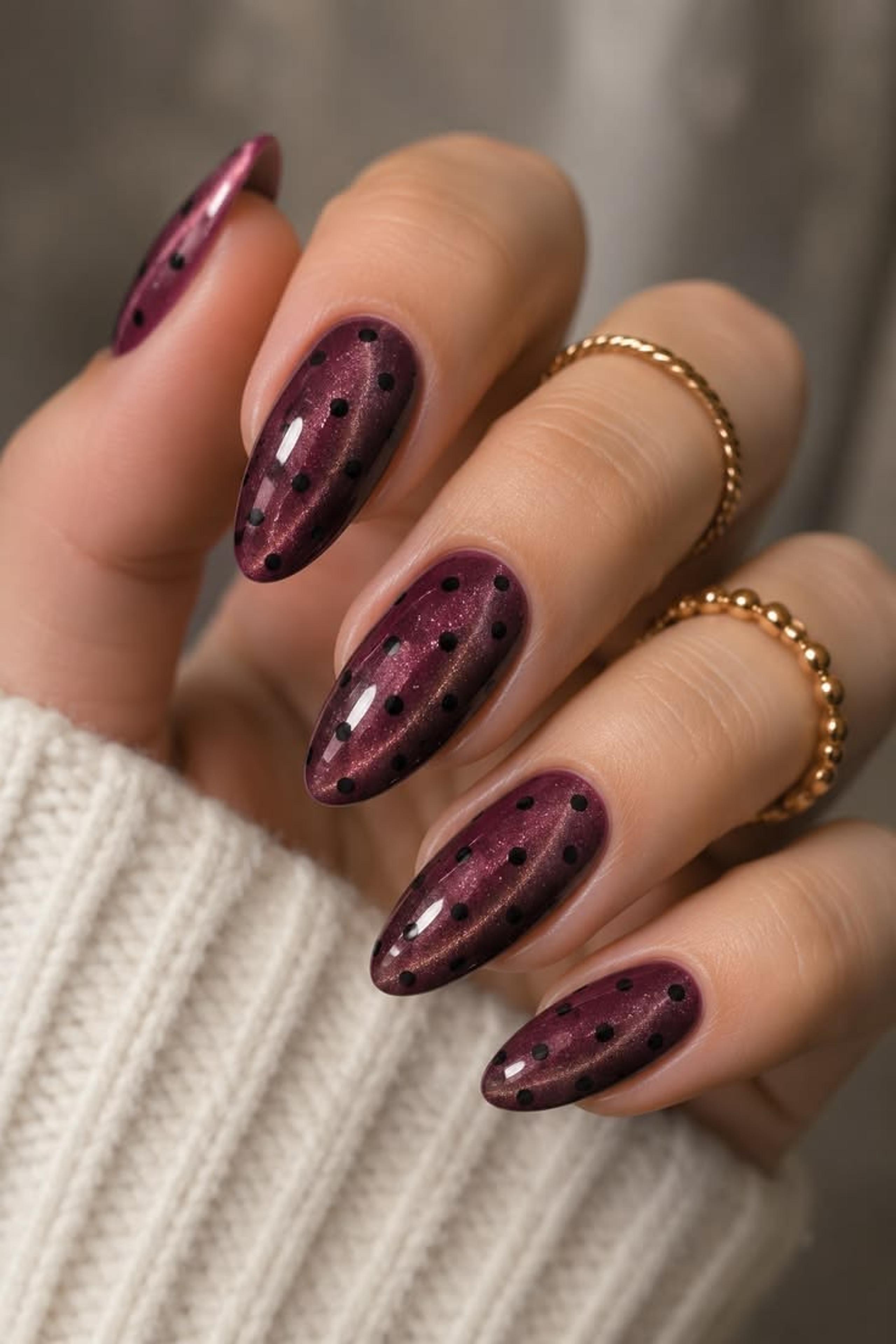 Hands with glossy oxblood almond nails holding a black velvet clutch