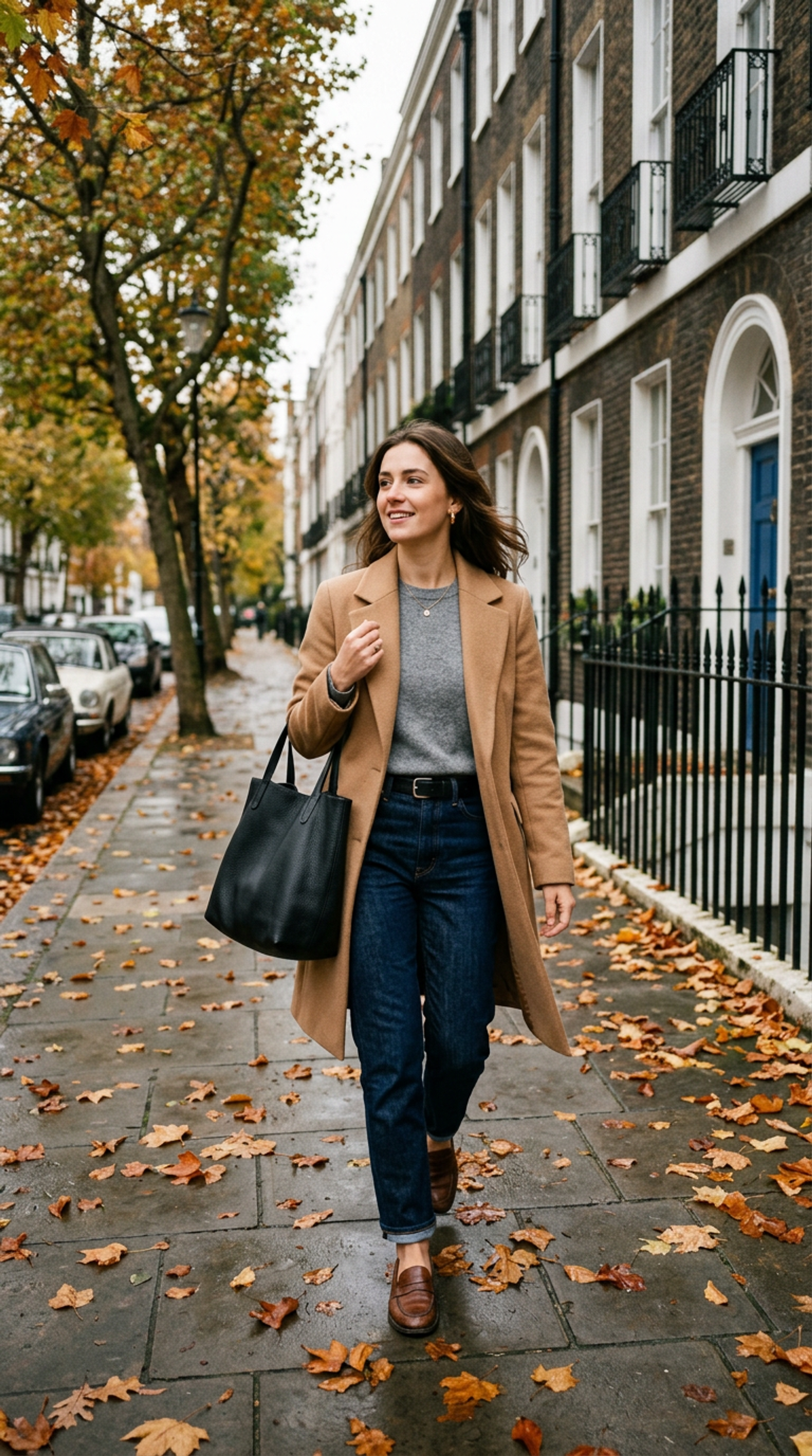Autumn capsule wardrobe of coats, knits and trousers hanging on a rail in neutral tones
