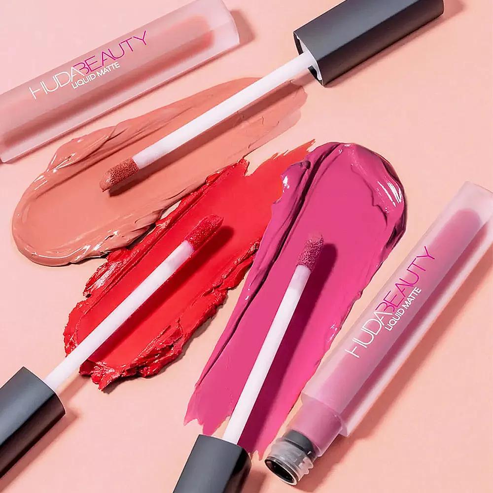 Liquid matte lipsticks in nude, red and pink with swatches