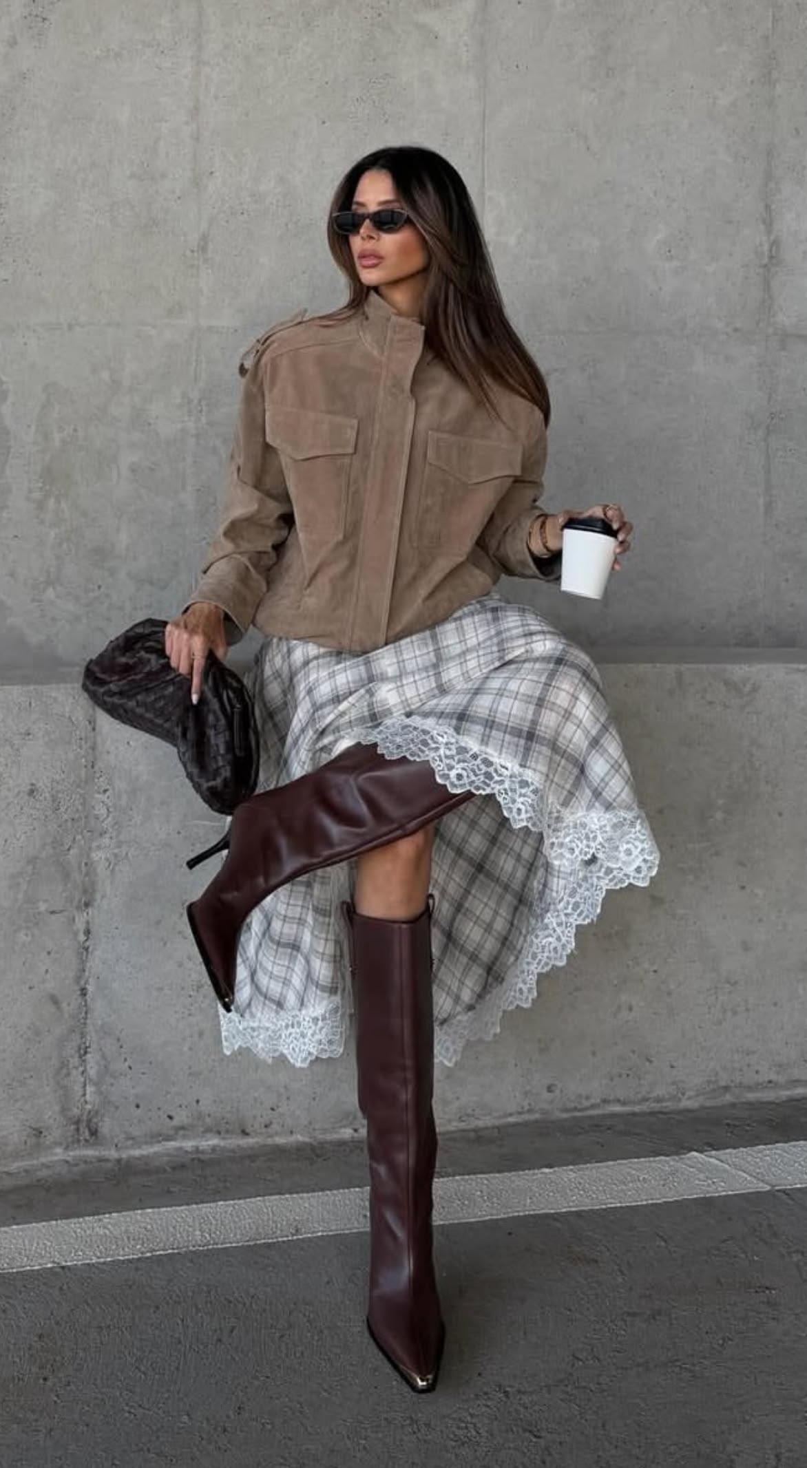 Grey check skirt with a lace hem worn with burgundy knee boots, a suede jacket and a leather clutch