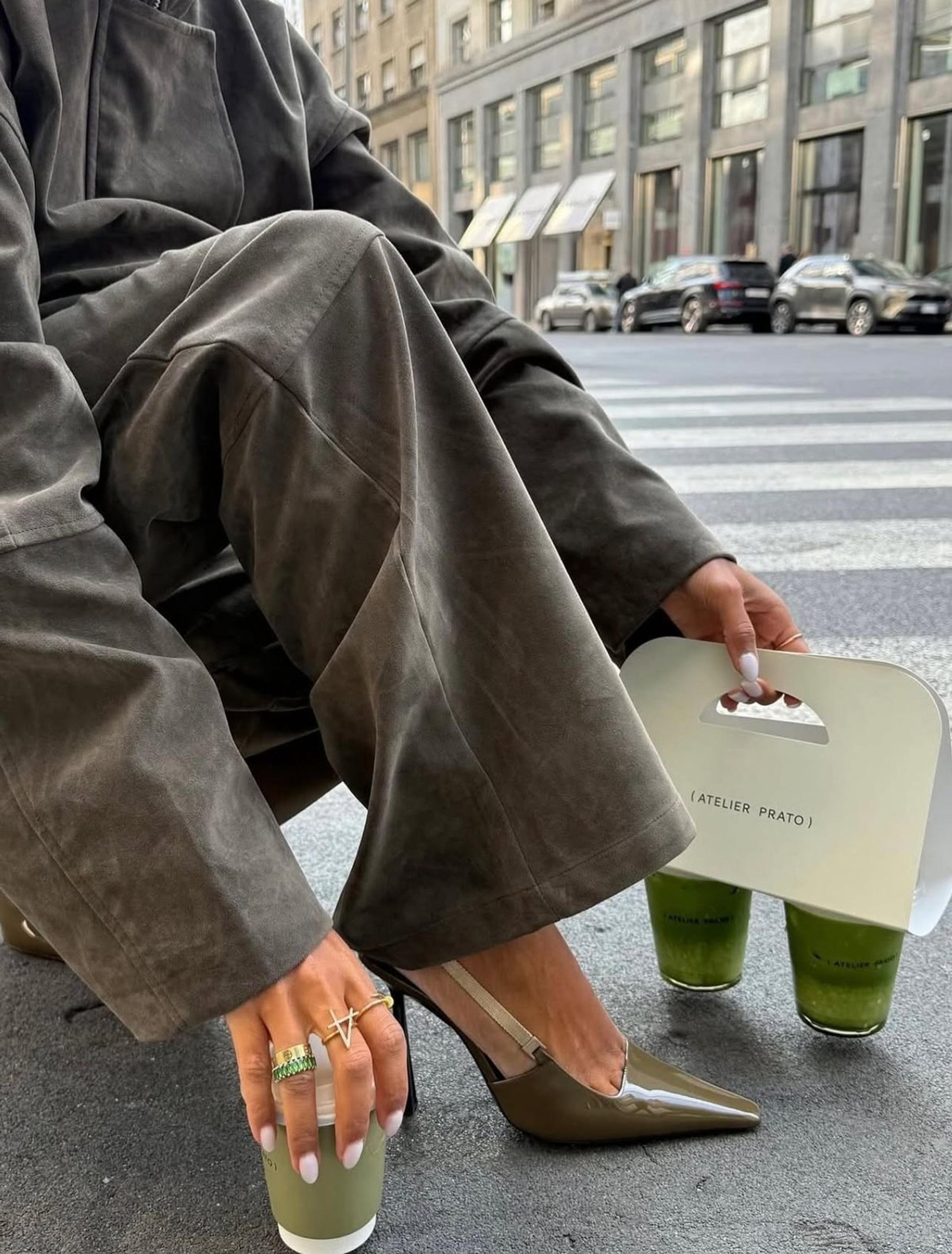 Olive suede suit, slingbacks and matcha to go