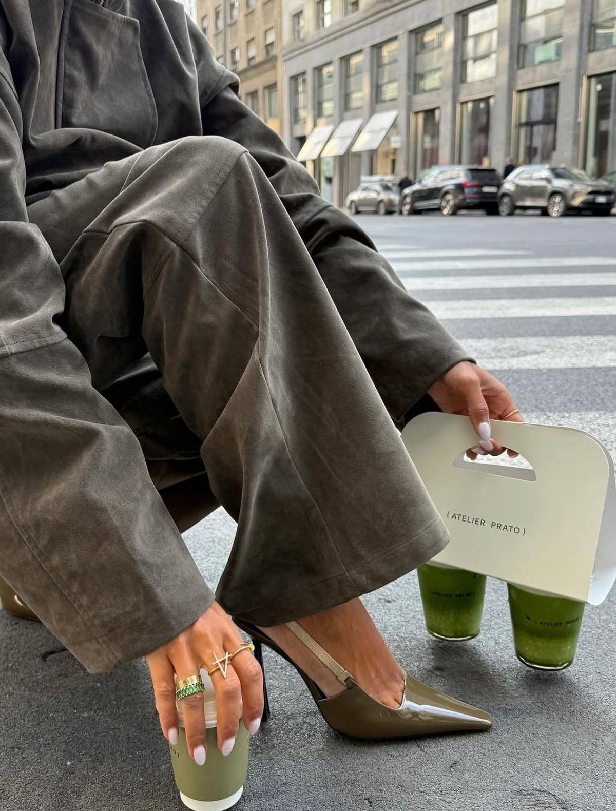 Olive suede suit, slingbacks and matcha to go