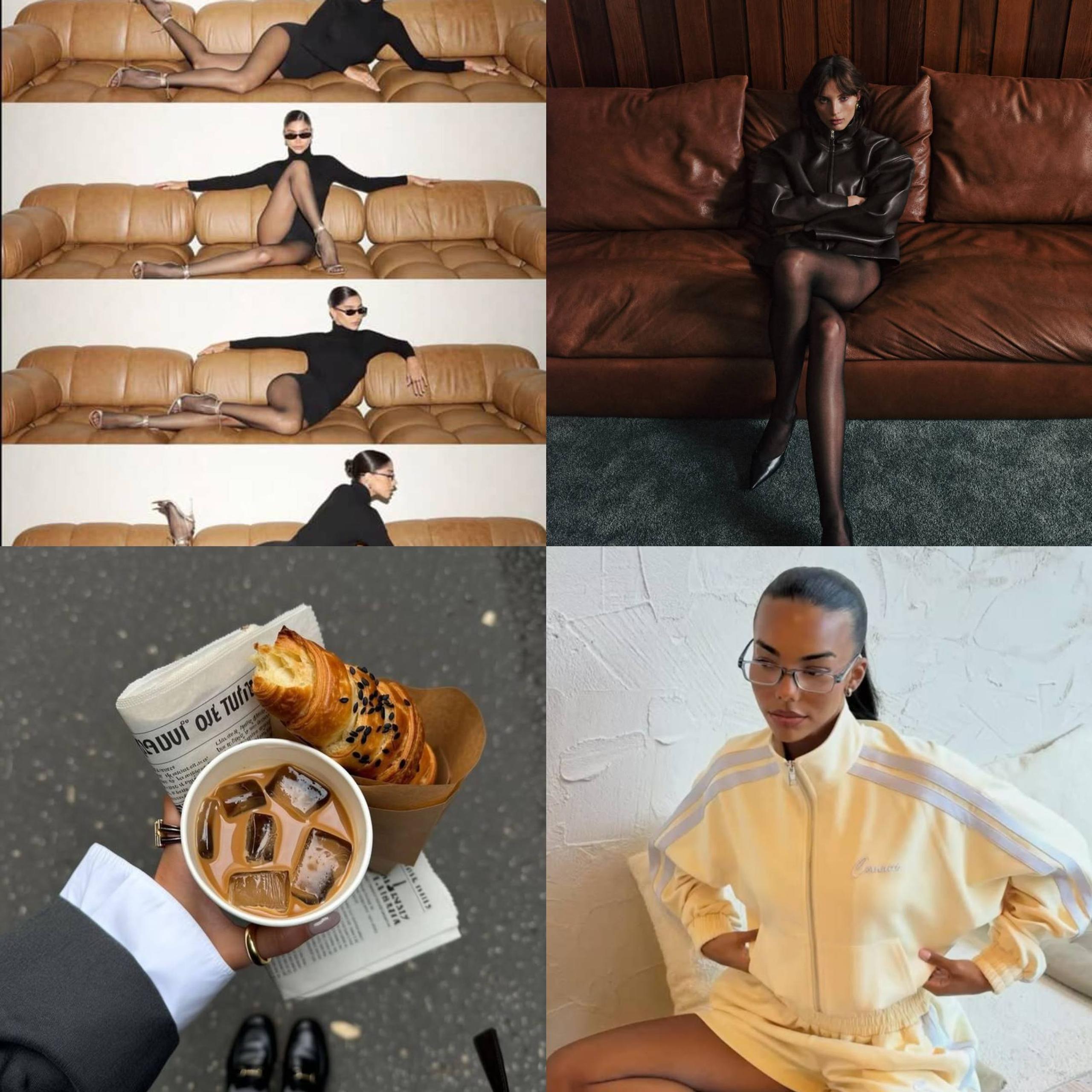 Collage of black tights, a leather jacket, iced coffee and a lemon tracksuit