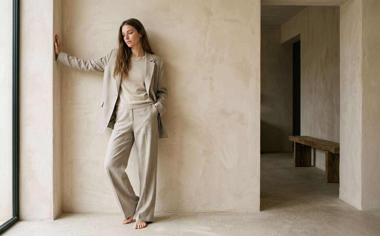Woman in a cream blazer against a neutral wall