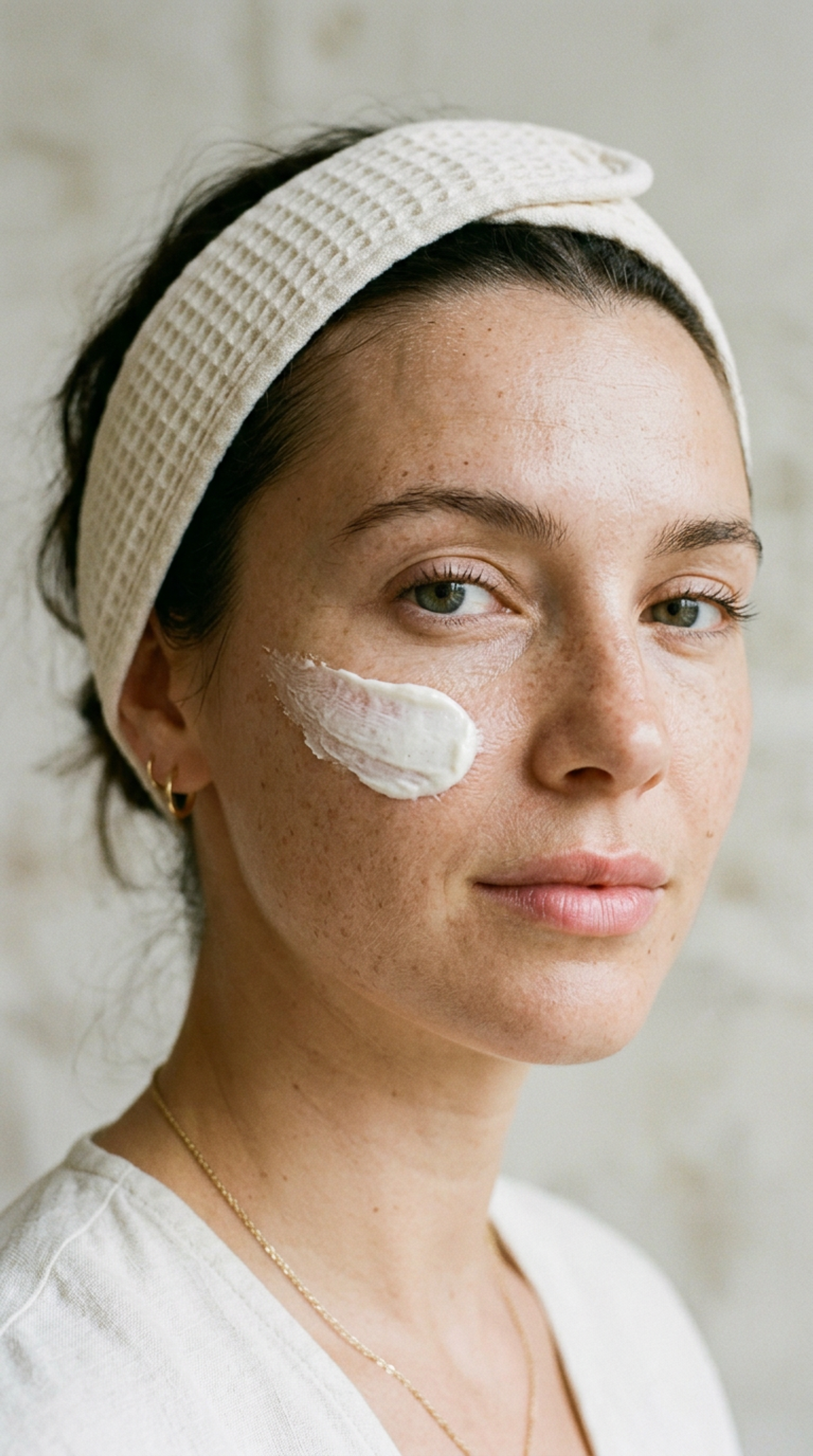 Gentle cleanser and barrier-repair moisturiser on a pale bathroom counter
