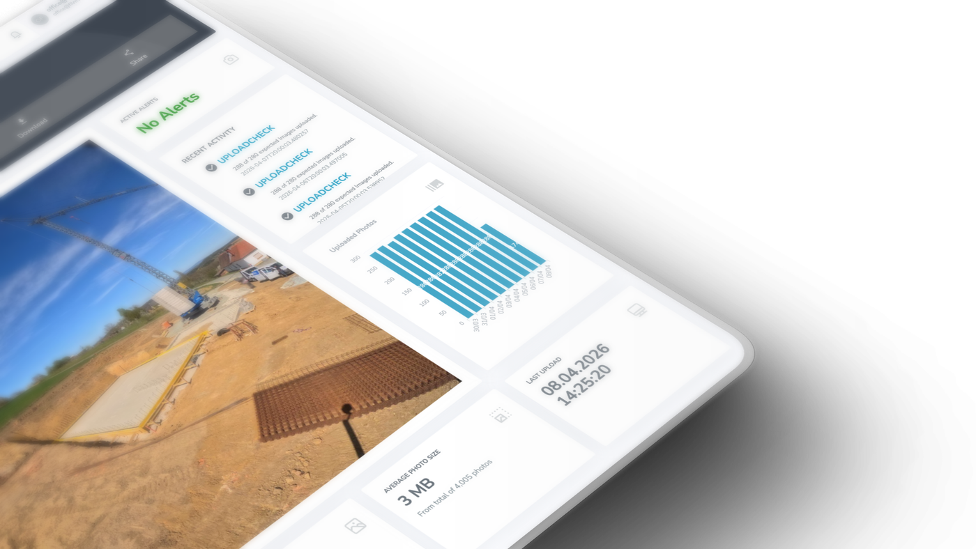 Construction timelapse dashboard showing upload checks, latest image status and uploaded photo activity
