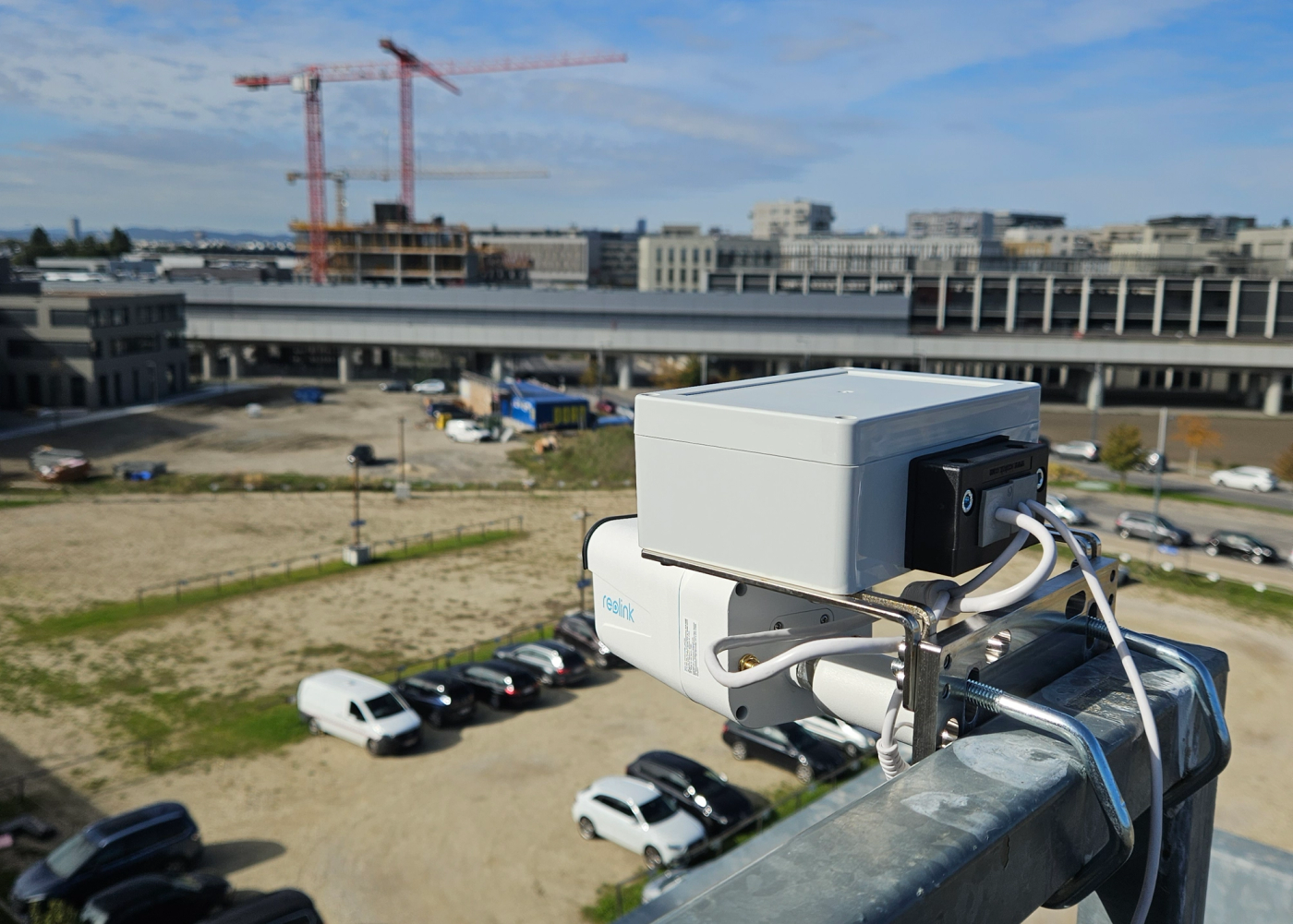 IP camera installed for long-term construction monitoring on an urban jobsite