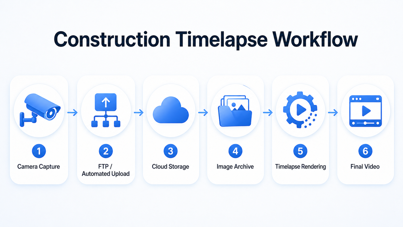 Construction timelapse workflow from camera upload to cloud rendering