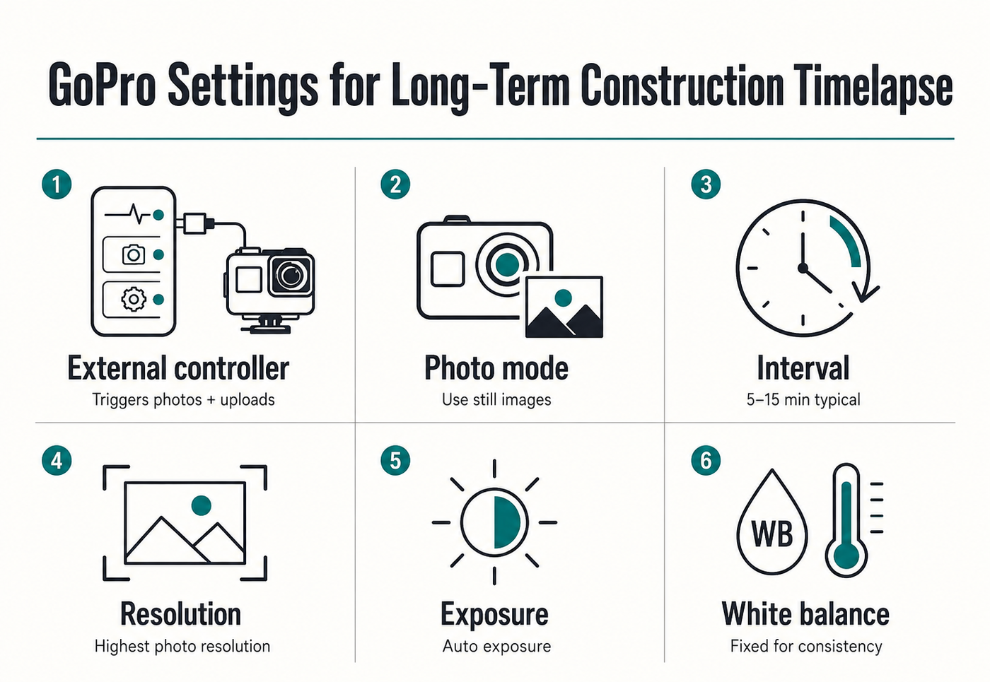 Infographic showing recommended GoPro timelapse settings for long-term construction projects including controller, photo mode, interval, resolution, exposure and white balance