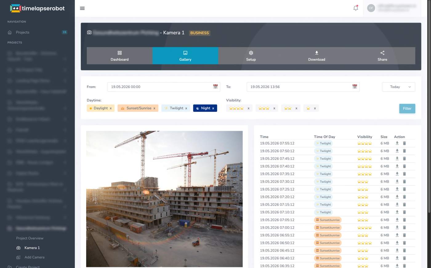 Construction timelapse image sequence review with filters and image archive