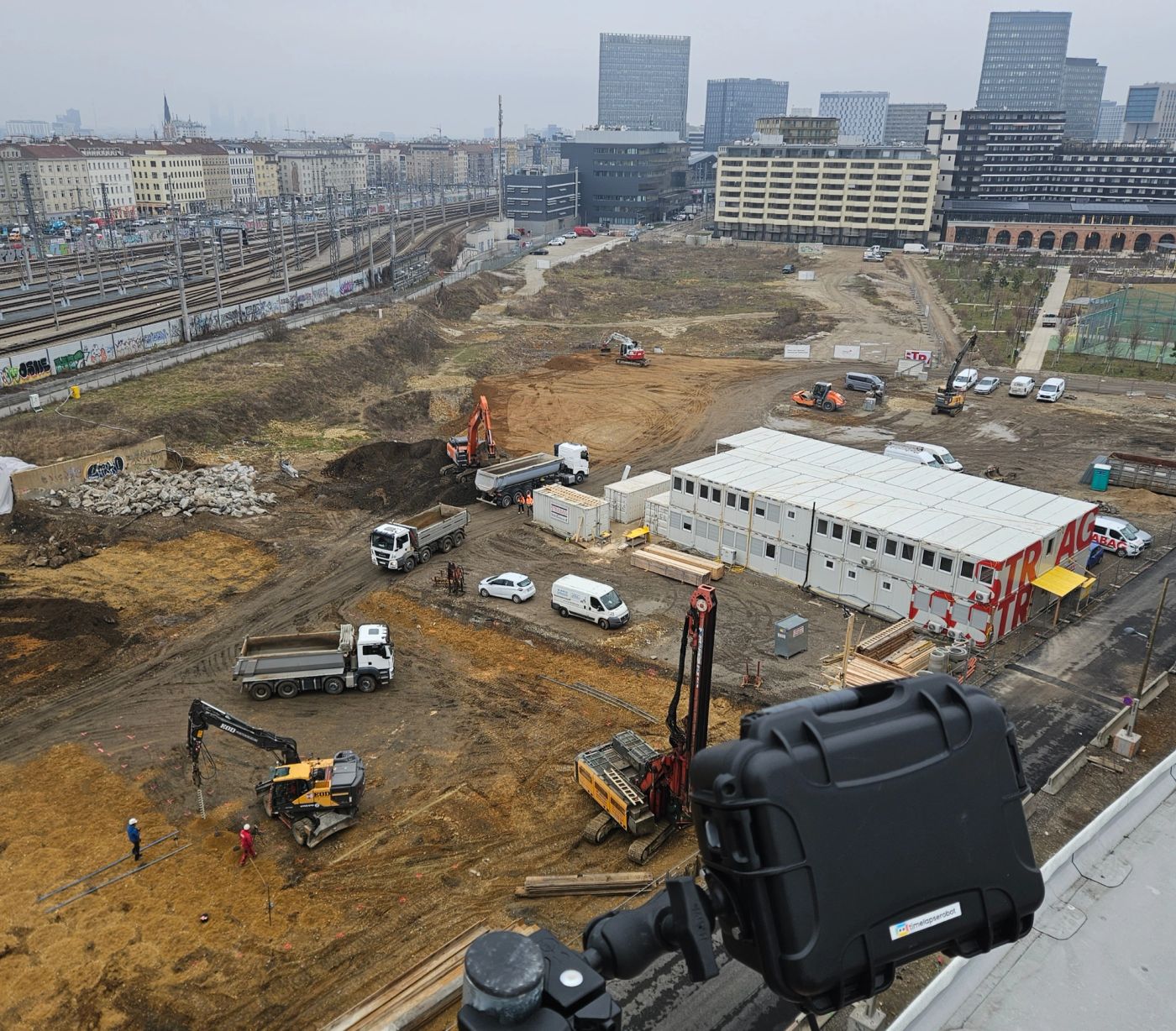 A weatherproof GoPro enclosure on a construction site
