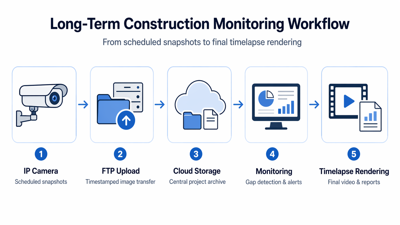 Outdoor IP camera setup for long-term construction timelapse and remote upload