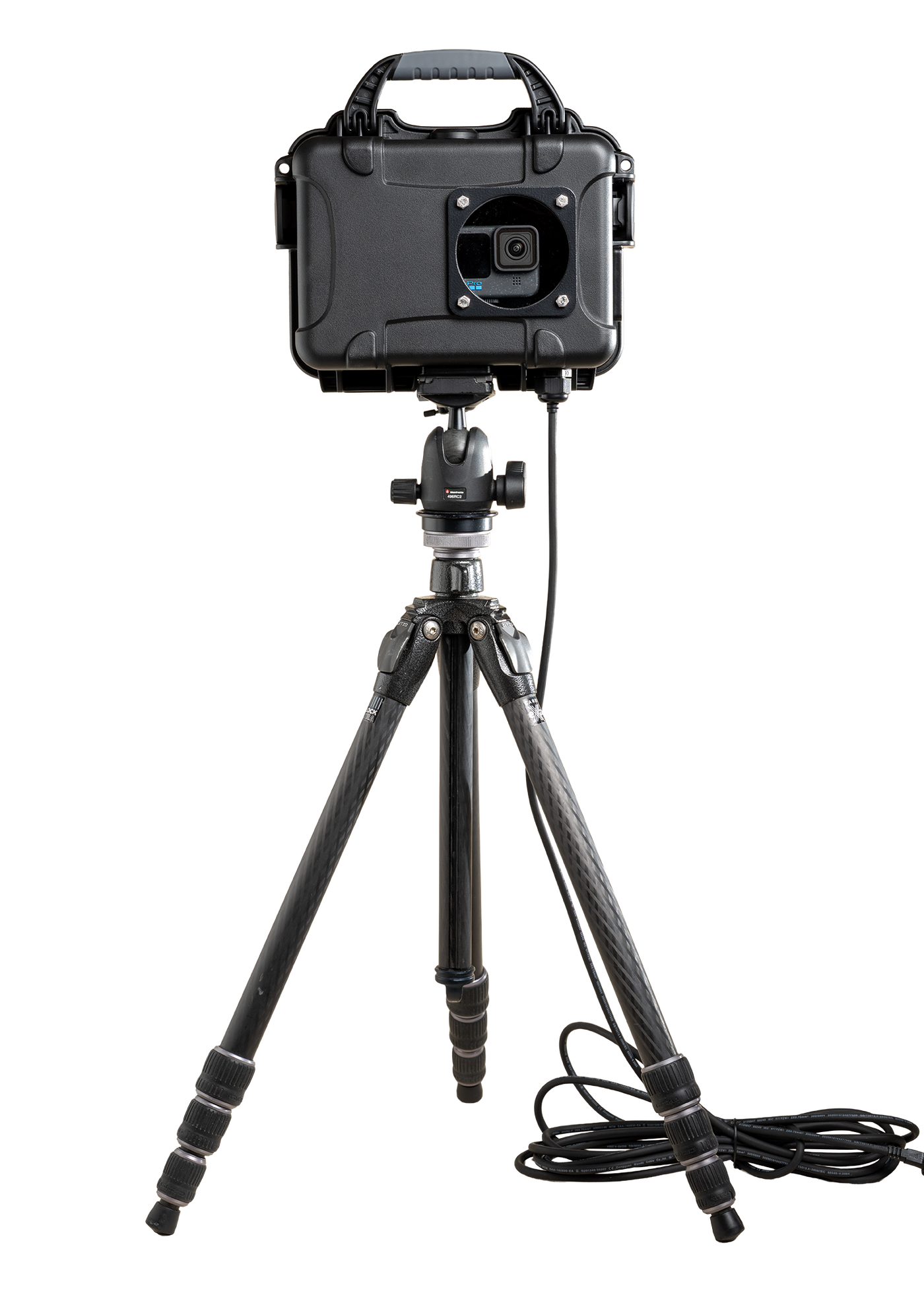 Weatherproof GoPro housing mounted on tripod