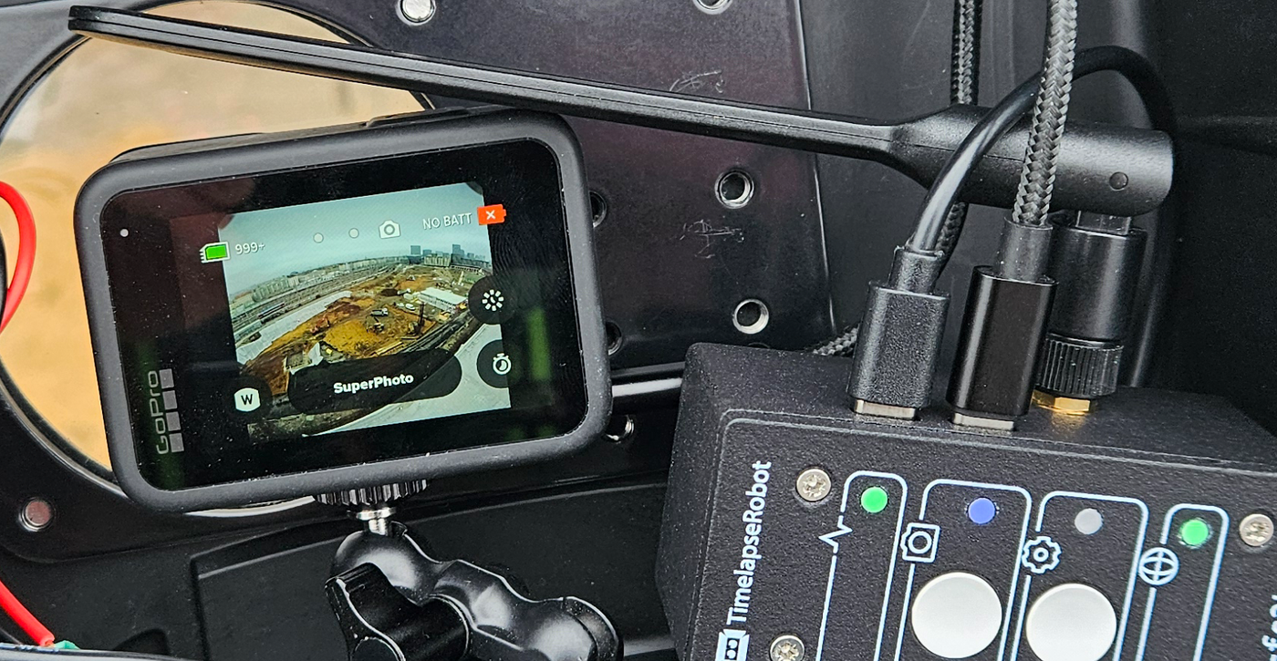 A GoPro showing a wide field of view of a construction site
