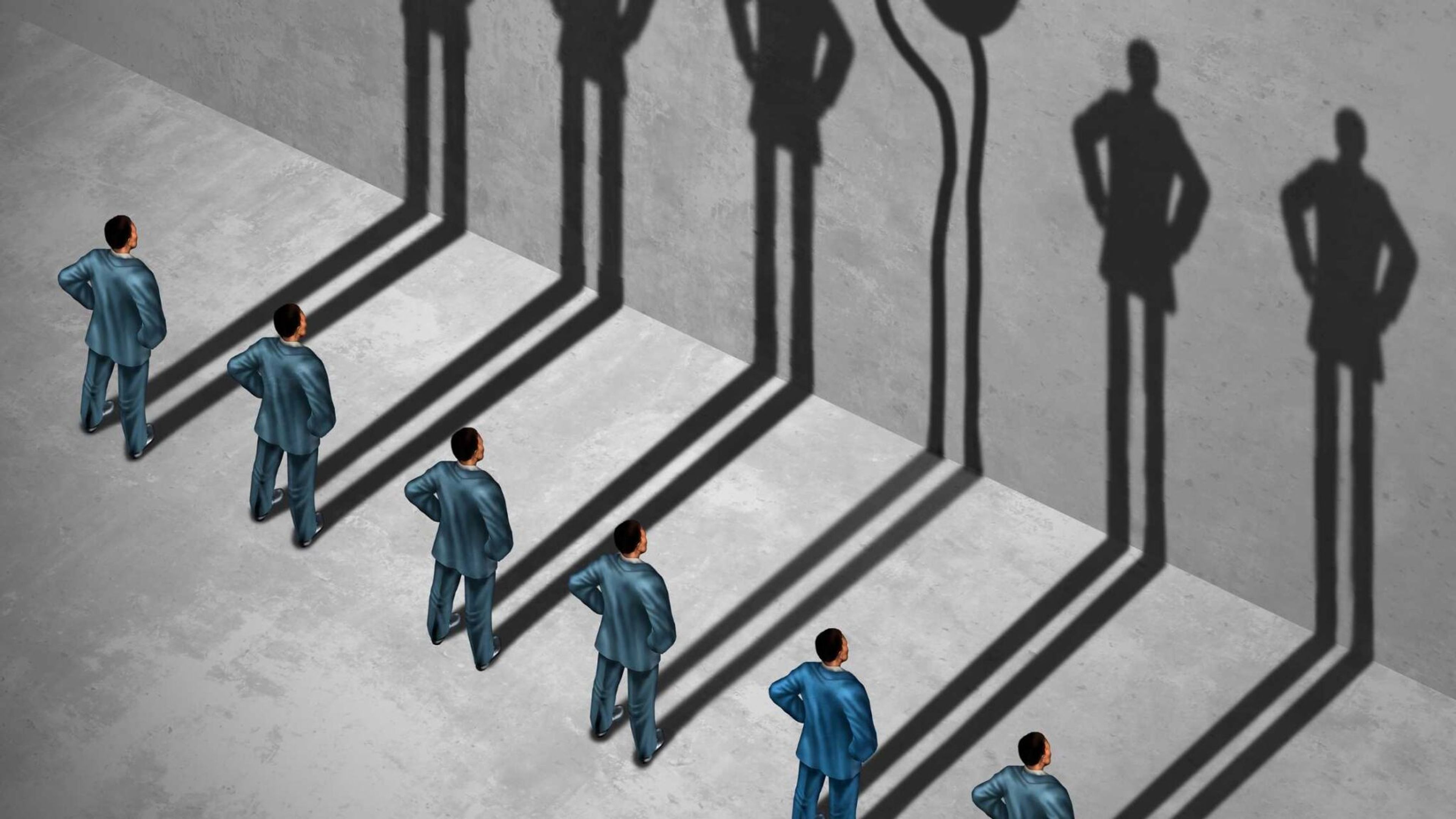 A line of men in suits observe their shadows on a wall; one shadow is a woman's silhouette.