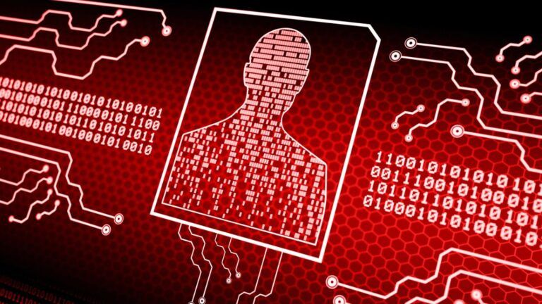 Binary code forms a person's silhouette on a red digital background with circuit lines.